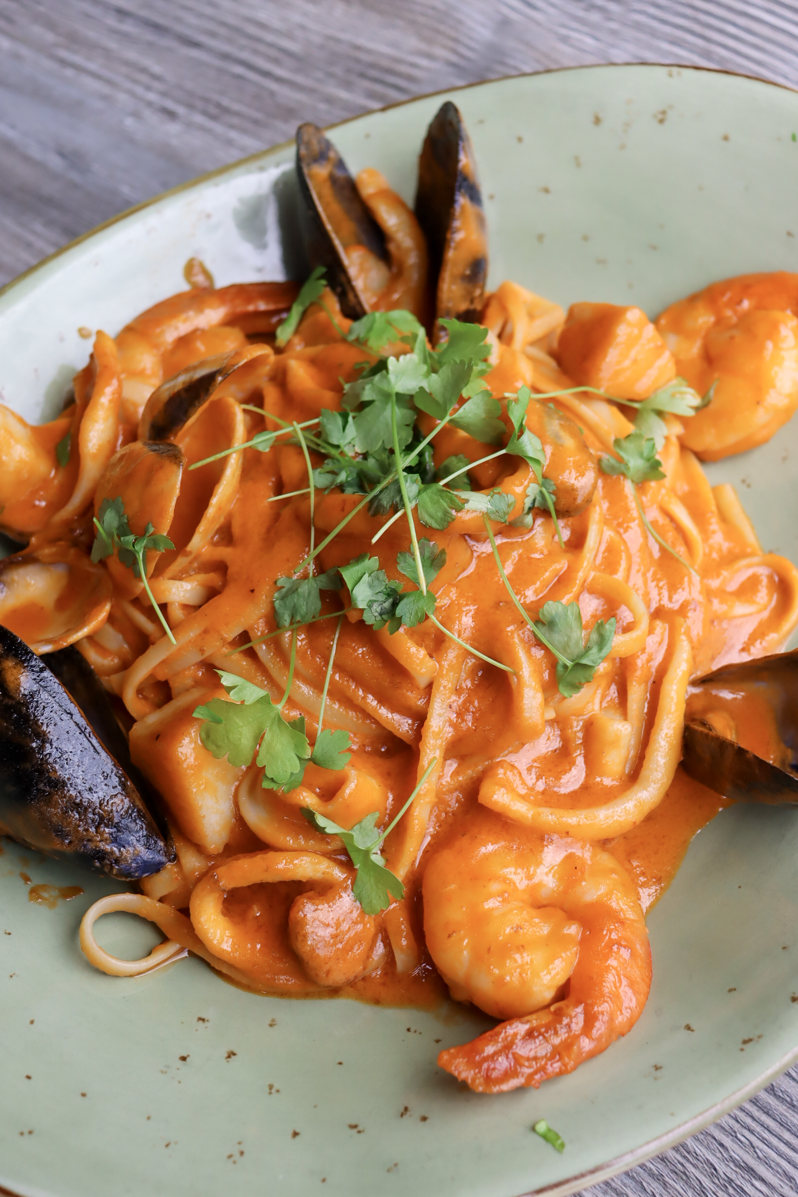 Seafood Pasta Branding Photographer Tampa Shrimp and clam pasta with tomato cream sauce and herbs